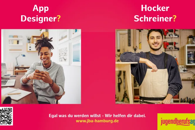 magentafarbener Grund mit der Aufschrift "AppDesigner? HockerSchreiner? Egal, was du werden willst. Wir helfen dir dabei. Jugendberufsagentur Hamburg.